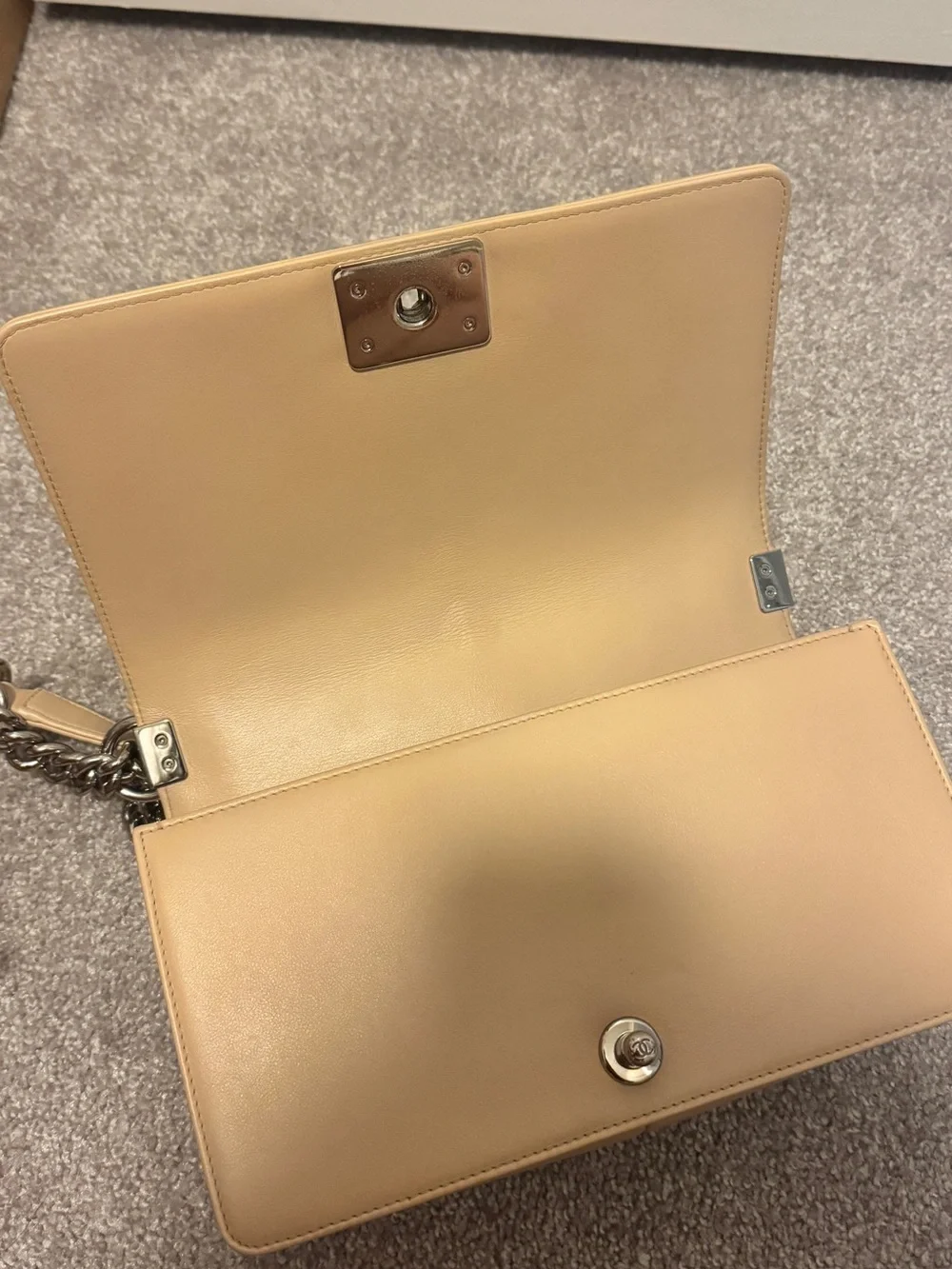 CHANEL Chevron Leather Boy Bag in Beige with Silver-Tone Hardware